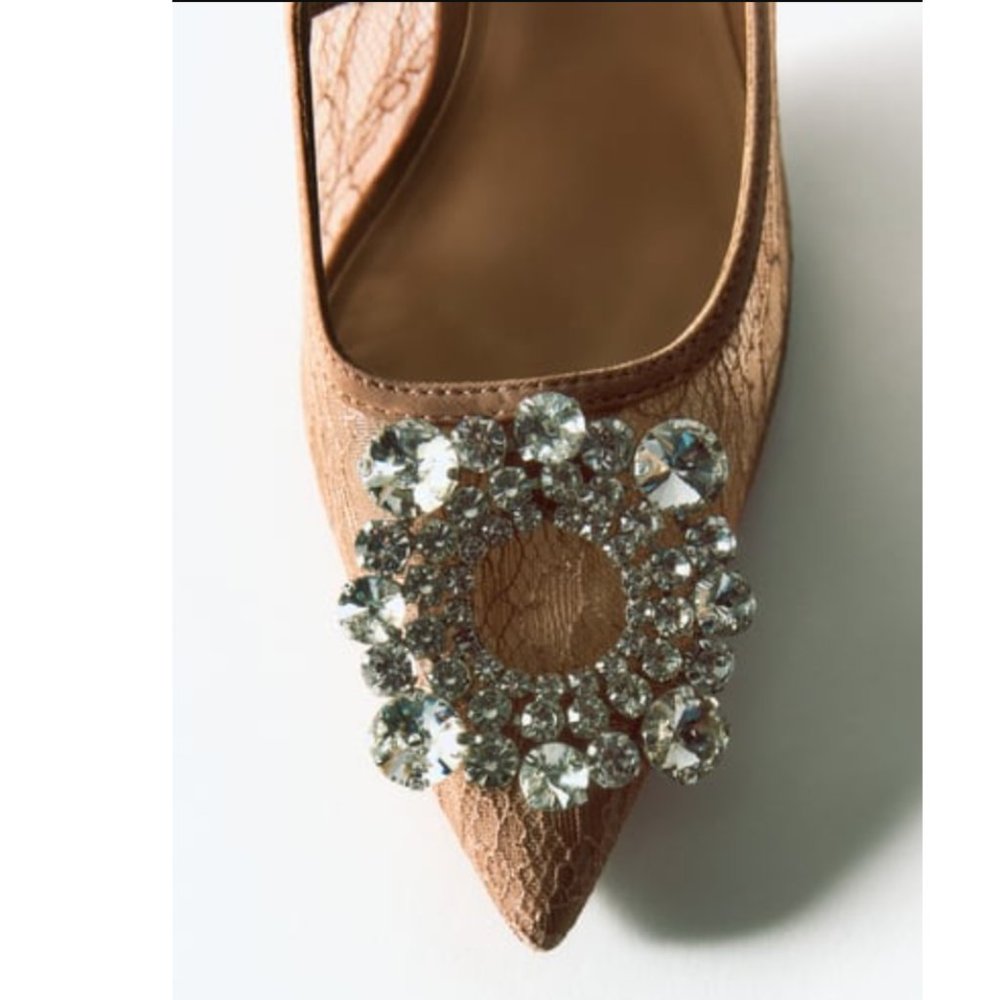 Zara Beige Lace Embellished High Heeled Shoes Sz 10 NWT - Picture 7 of 14